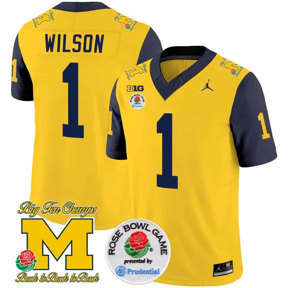 Men Michigan Wolverines #1 Wilson Yellow 2024 Rose Bowl Patch Vapor Limited NCAA Jersey style 1